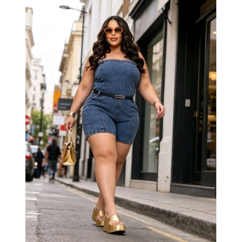 Macacão Tomara Que Caia Jeans Feminino Plus Size Divo