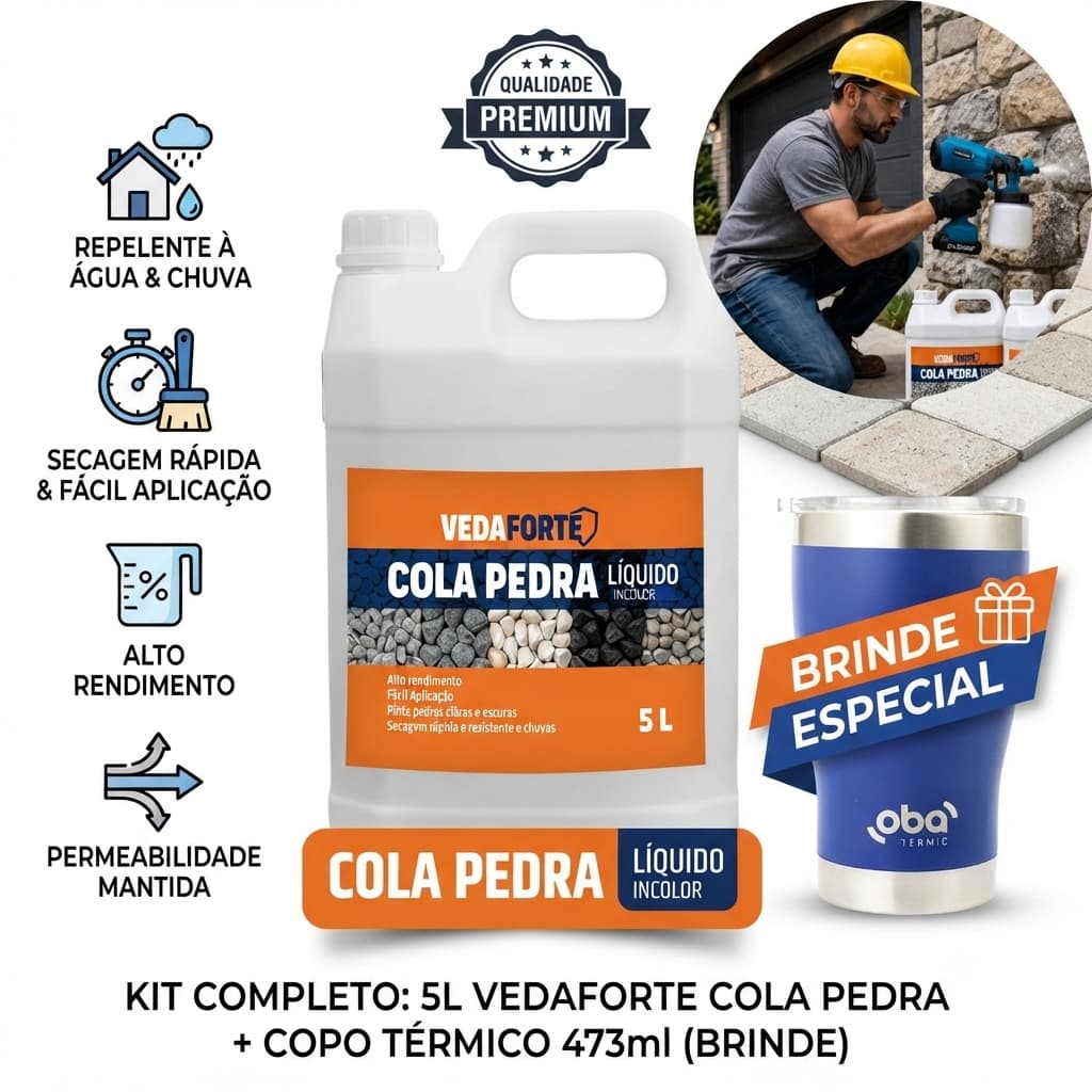 Cola Pedra Fixador Veda Forte 5L - Estabilizador de Solo, Jardim Alta Resistência + Copo Térmico 473ml Brinde