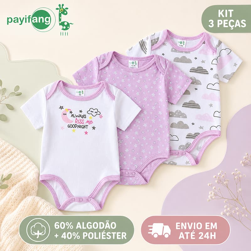 Payifang Kit 3 Bodies Bebê Menina Nuvens Estrelas e Lua Manga Curta 60% Algodão 3M 6M 9M