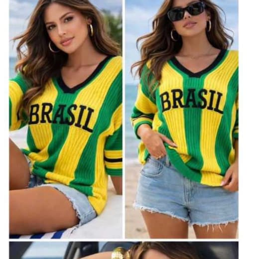 Blusa Feminina Tricô Brasil Oversize Gola V Manga Larga – Suéter Estilo Copa