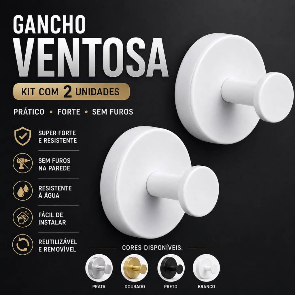 Kit 2 Ganchos De Ventosa Sem Furo Reutilizável Banheiro Cozinha Toalha Chave Multiuso