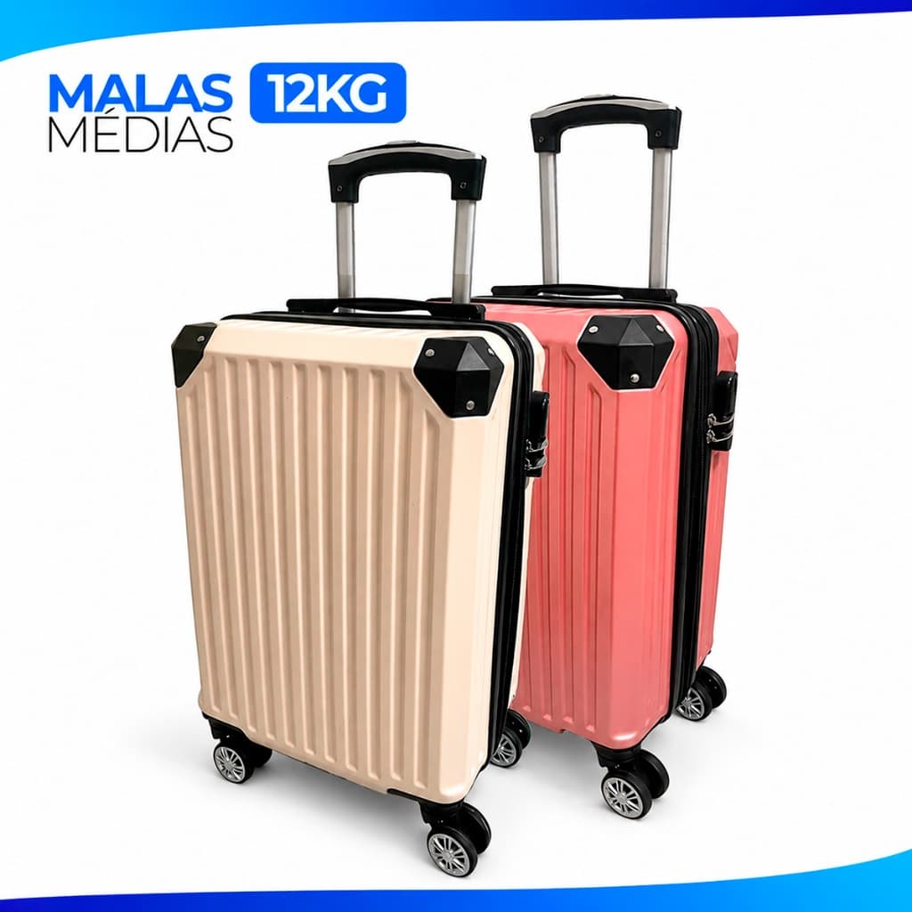 Mala de Viagem 12Kg Média Rígida Com Cadeado Rodinhas Removível 360 Resistente Leve Compacta Bordo