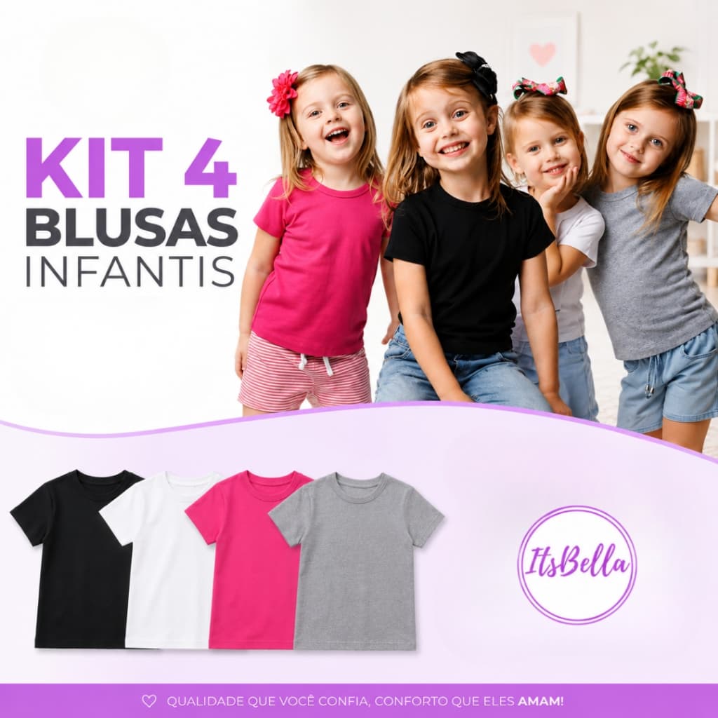 Kit 4 Blusas Ribana Infantil Manga Curta Menina Básica Confortável 2 A 12 Anos Calor Verão