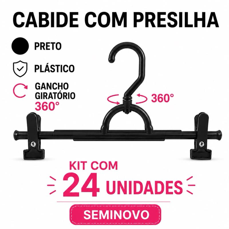 Cabide com Presilha Preto Giratório 360° Plástico Kit 24 Unidades Seminovo