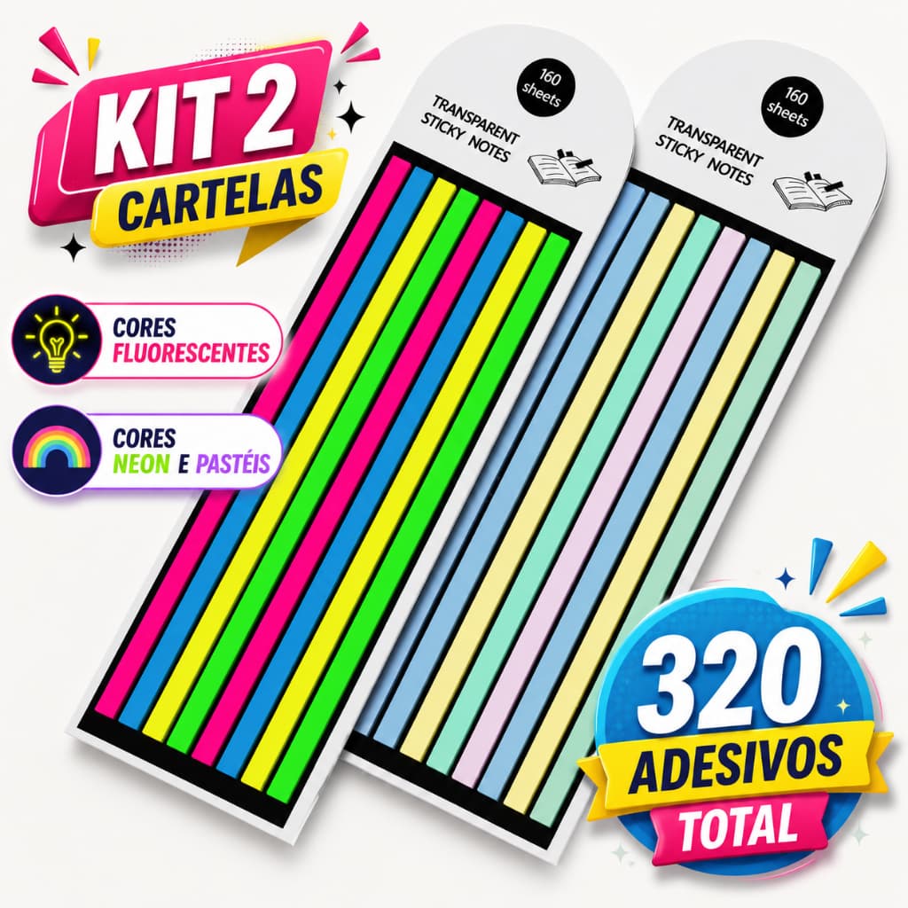Kit 2 Cartelas Marca Texto em Fita Adesiva Transparente 320 Fitas Coloridas Neon e Pastel Material Escolar Livro Leitura