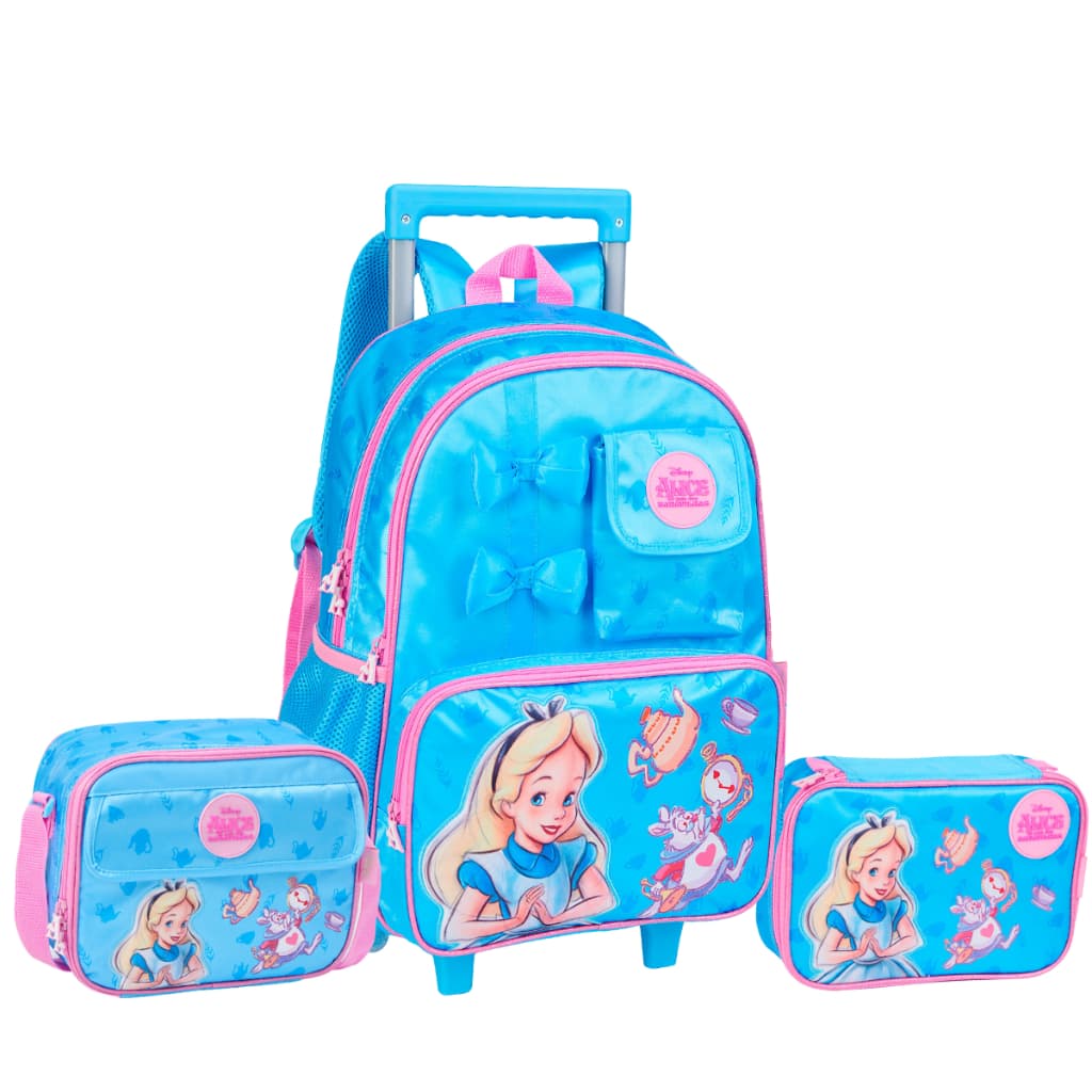 Kit Mochila Infantil Alice Rodinhas Lancheira Estojo Escolar Completo Rosa Menina Disney White Rabbit Personagem