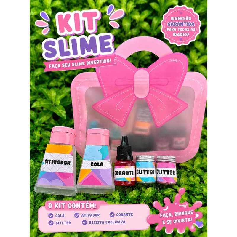 Kit Slime Bolsa Rosa de laço – Lembrancinha de Aniversário menina-Bolsinha slime menina    (10 Unidades)