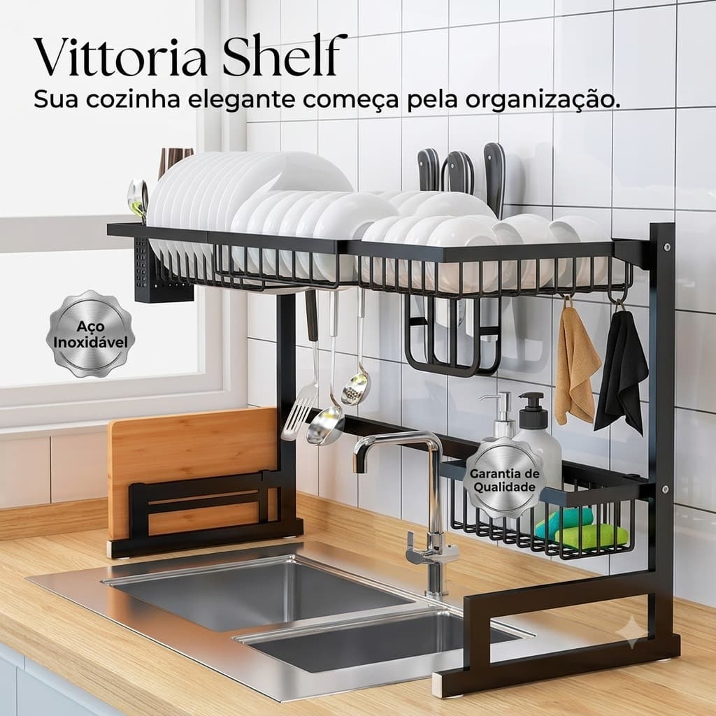 Escorredor de Louças Suspenso Sobre Pia Grande Aço Inox Preto Fosco Vittoria Shelf™