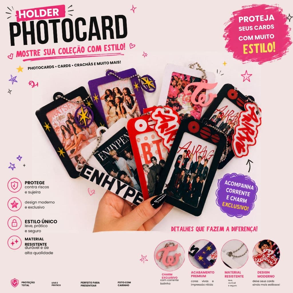 Holder Porta Photocard 3D K-pop com Correntinha - BTS TWICE ENHYPEN KATSEYE | Alta Qualidade envio imediato