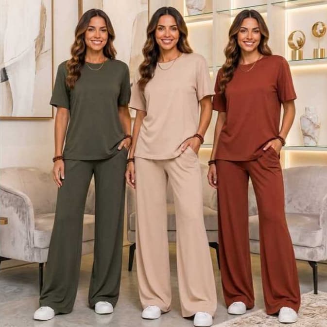 Conjunto Feminino Viscolycra Premium Blusa Oversized e Calça Pantalona Moda Evangélica P M G