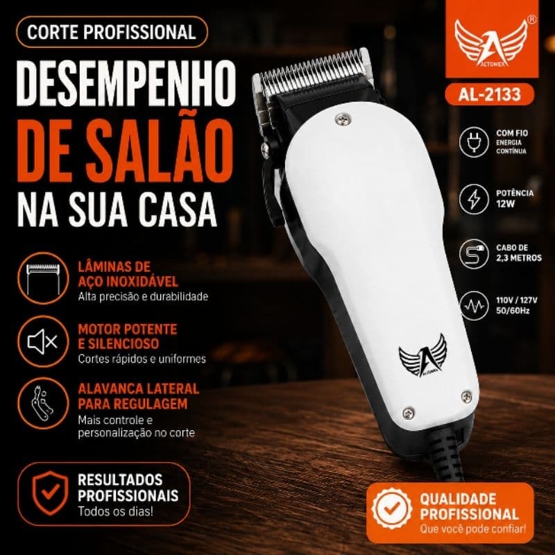Máquina de Cortar Cabelo Profissional Com Fio 110V Altomex AL-2133 Para Cabelo e Barba Aço Inox