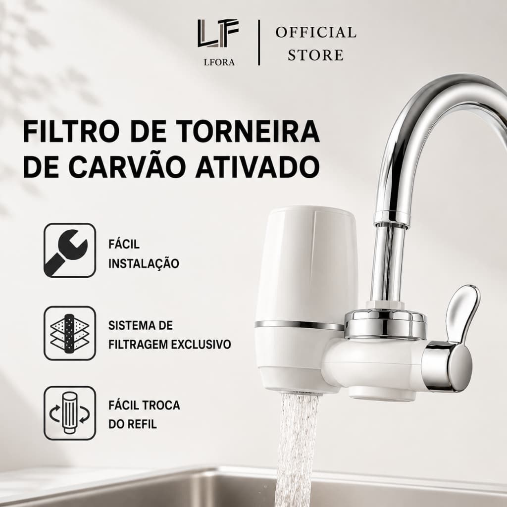 Torneira com Filtro de Água com Carvão Ativado Purificador para Cozinha Água Mais Limpa e Segura