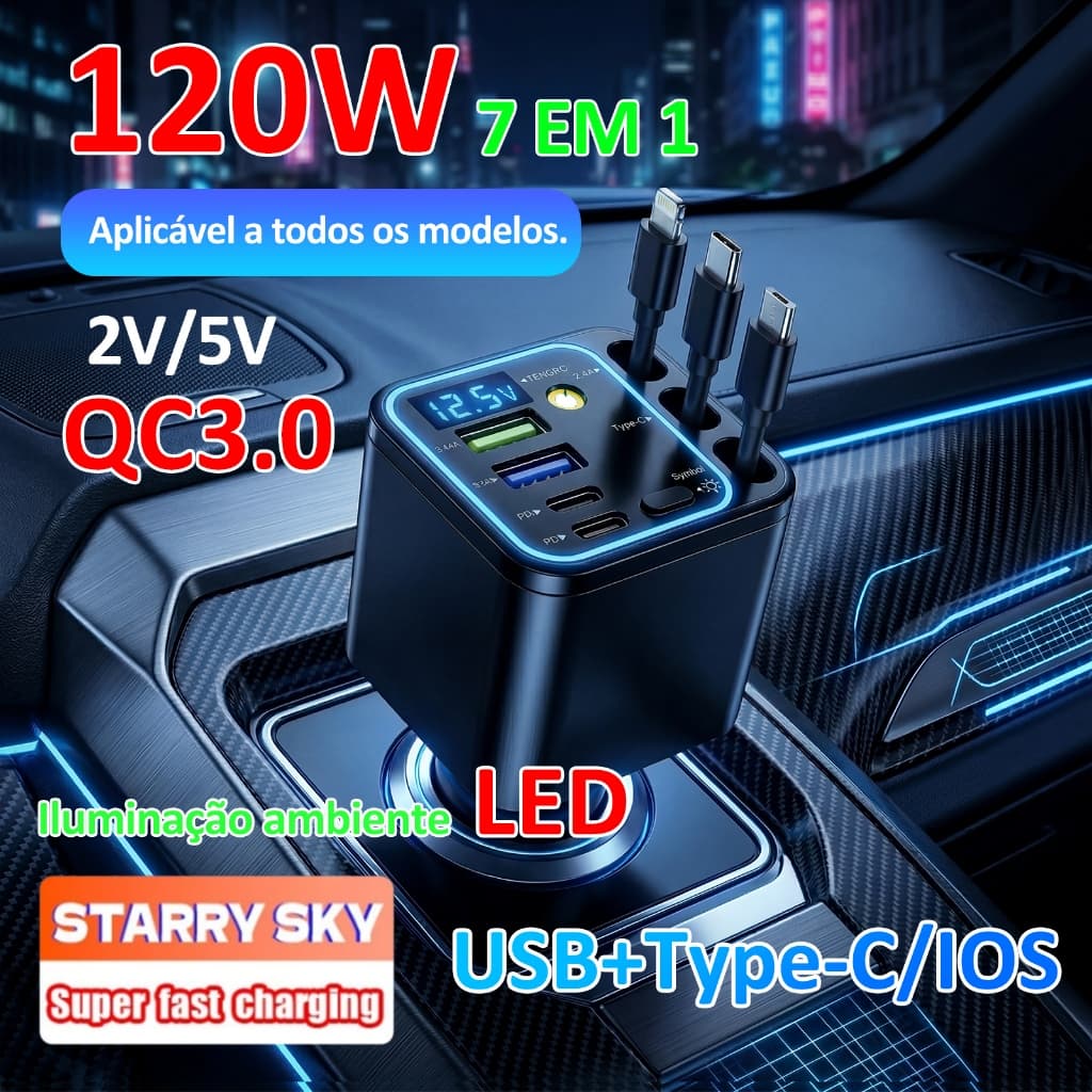 🔥7 Em 1🔥 Carregador de carro retrátil com luz LED, carregador de carro rápido de 120W para iPhone e Android