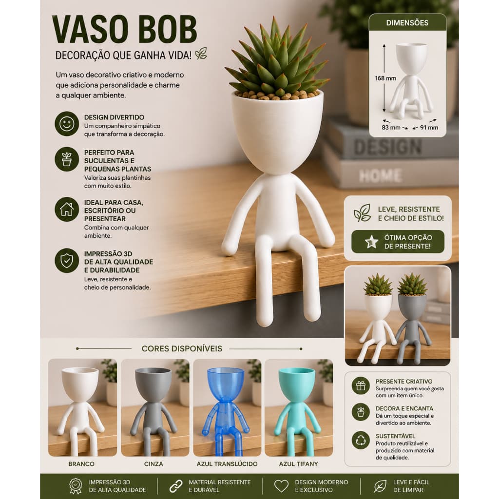 VASO - Vaso Bob Decorativo para Suculentas | Impressão 3D | Design Moderno | Vaso Boneco