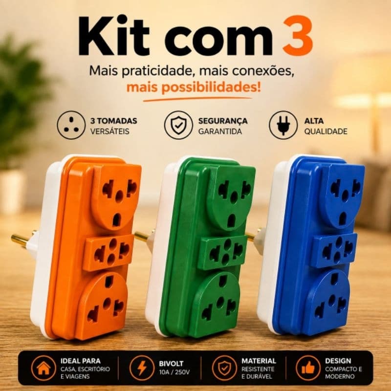 Adaptador de Tomada T Benjamin Universal 3 Entradas 10A/20A Bivolt Tomada Tripla