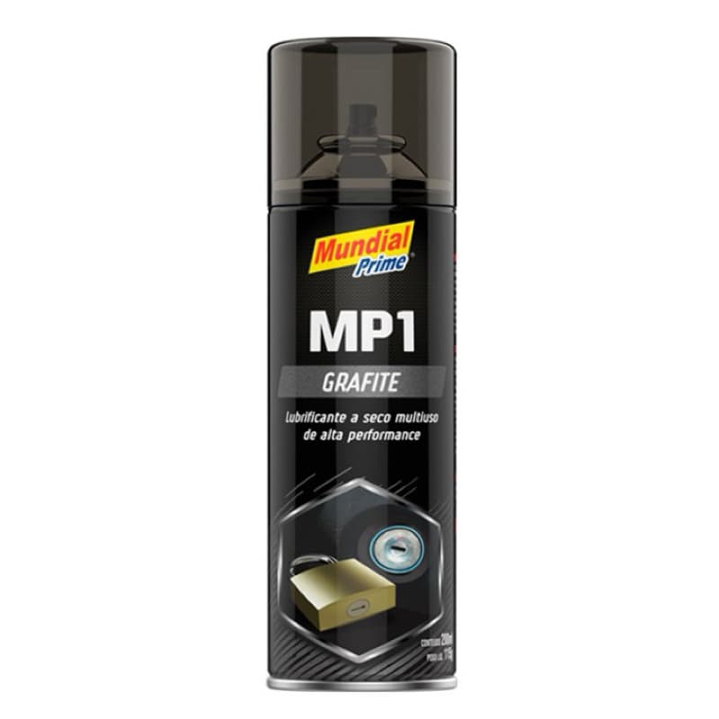 Grafite em Pó Spray Mundial Prime 200ml 115g Lubrificante Seco Multiuso para Fechaduras, Cadeados, Correntes e Trilhos