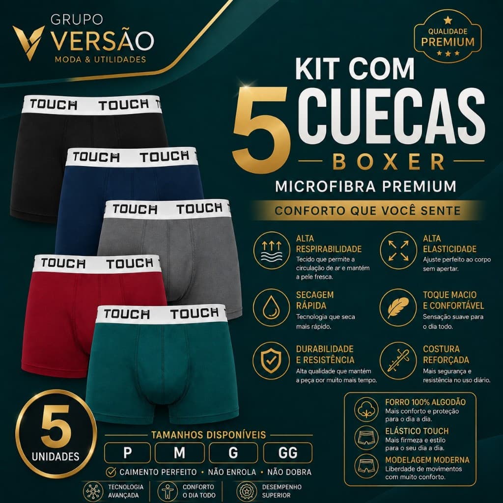 Kit 05 Cuecas Boxer Microfibra Masculino Adulto Forro 100% Original Atacado