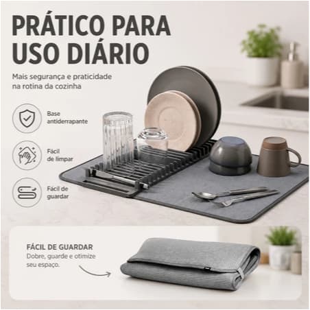 Escorredor de Louças Multifuncional com Tapete Absorvente - Cinza, 46x61cm, 21 Compartimentos