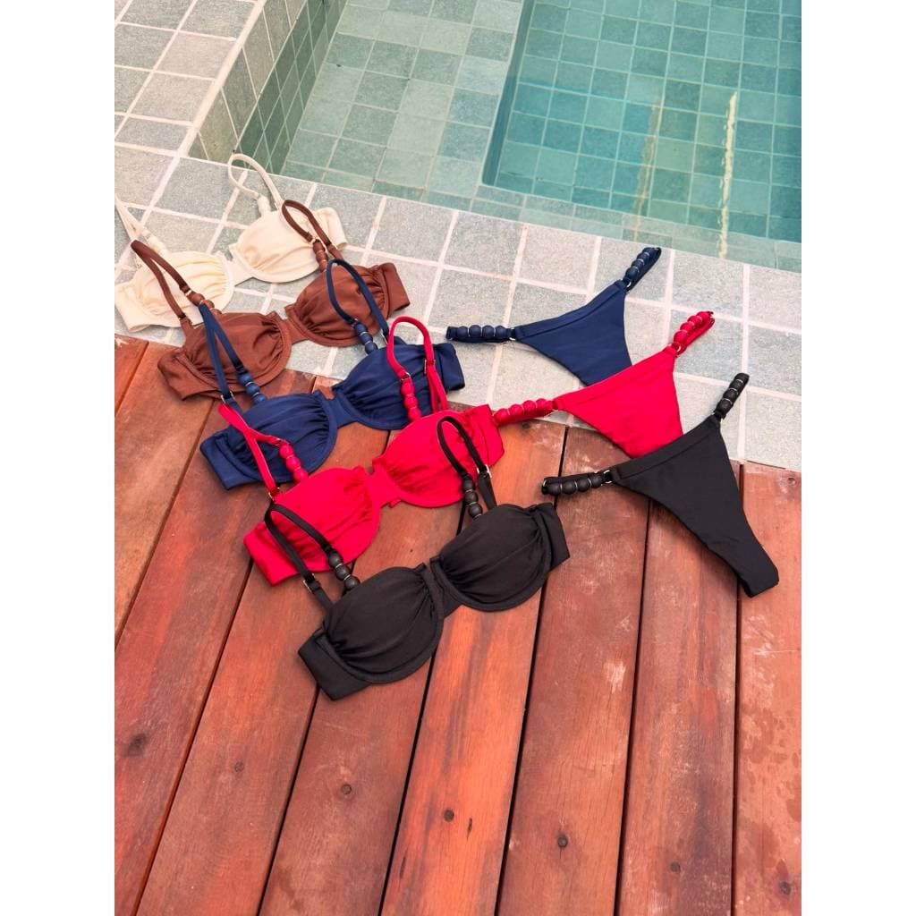 Biquíni Feminino Meia Taça Com Bojo Removível Fio Dental Miçangas Embutidas Beach Gloss P M G