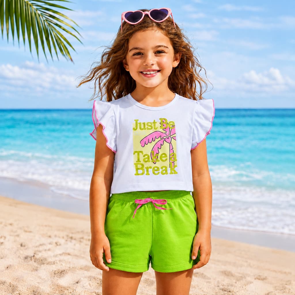 Conjunto Infantil Verão Blusa Meia Malha com Estampa Tropical e Bermuda Moletinho C/Cadarço Fake
