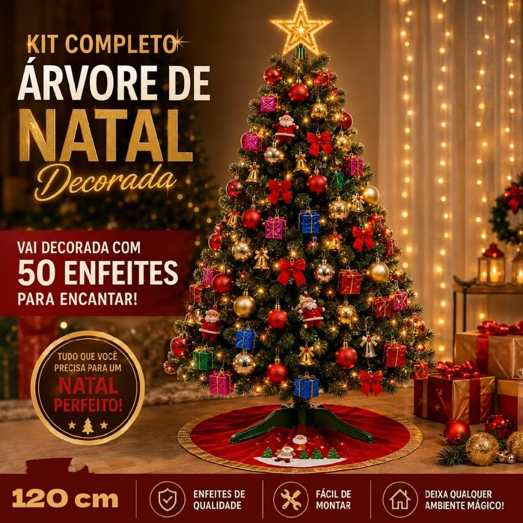 Arvore de Natal Decorada 120cm 120 Galhos + 50 Enfeites Completa Enfeitada Pinheiro Verde Pisca Led Decoração Top