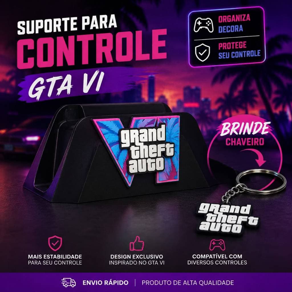 Suporte para Controle PS5 GTA VI Xbox Series | Porta Controle Gamer Inspirado em GTA VI + Chaveiro Brinde