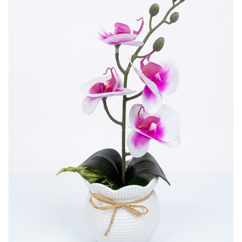 Arranjo Orquídea Artificial Siliconada Realista - vaso de plástico branco - Orquídea branca e rosa toque real - 30cm
