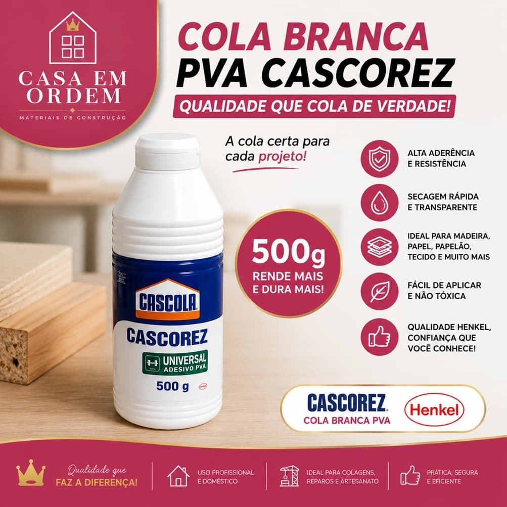 Cola Branca PVA Cascorez 500g Henkel Adesivo Universal para Madeira Papel MDF Artesanato