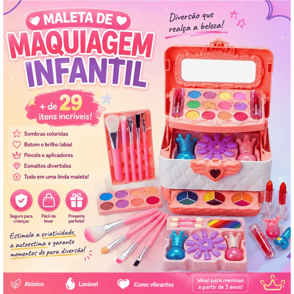 Maleta de Maquiagem Infantil Kit Completo Com Espelho Seguro Brinquedo Menina