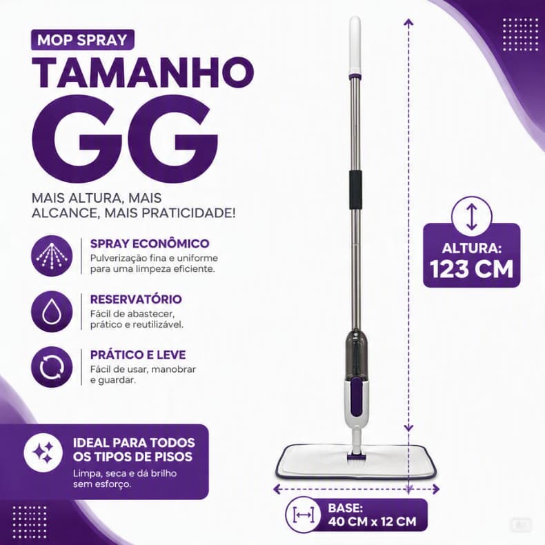 Mop Spray com Reservatório 123cm Esfregão Limpeza Piso Refil Microfibra Pulverizador