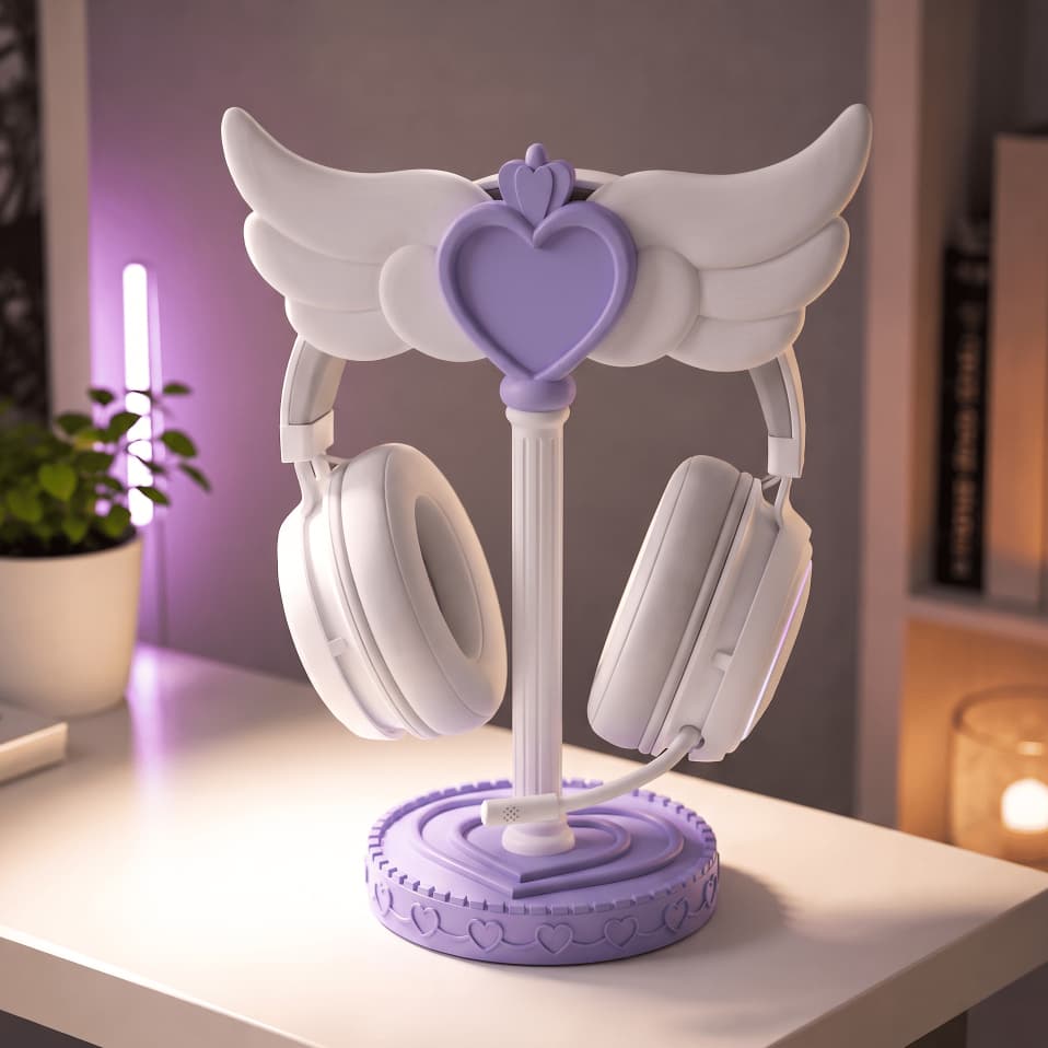 Suporte Para Headset Angelical De Coração Com Asas Fofo e Detalhado - Decoração Para Setup Gamer PC Feminino De Mesa