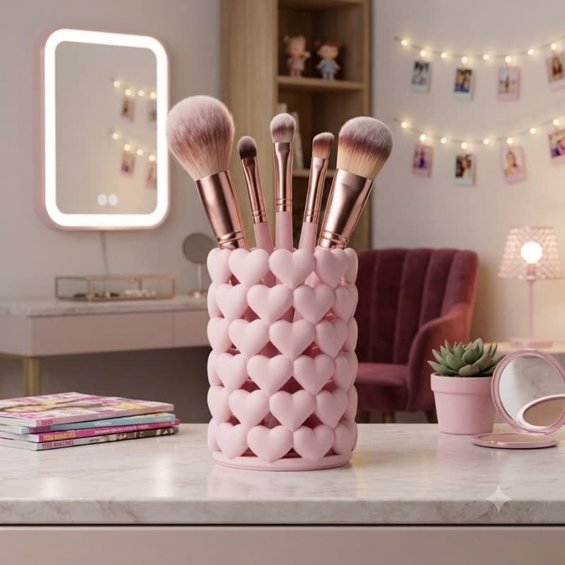 Porta Pincéis De Maquiagem Decorativo Corações Almofadados Organiador Moderno