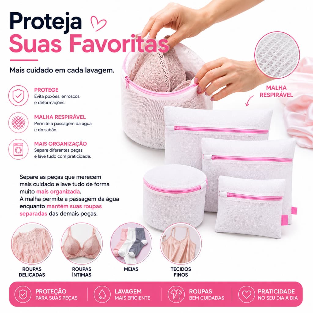 Conjunto 5 Sacos Para Lavar Roupa Delicada Na Máquina (PMG) Com Zíper