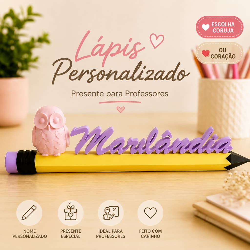 Lápis Personalizado com Nome Presente para Professora Coruja Coração Decoração Mesa Escritório