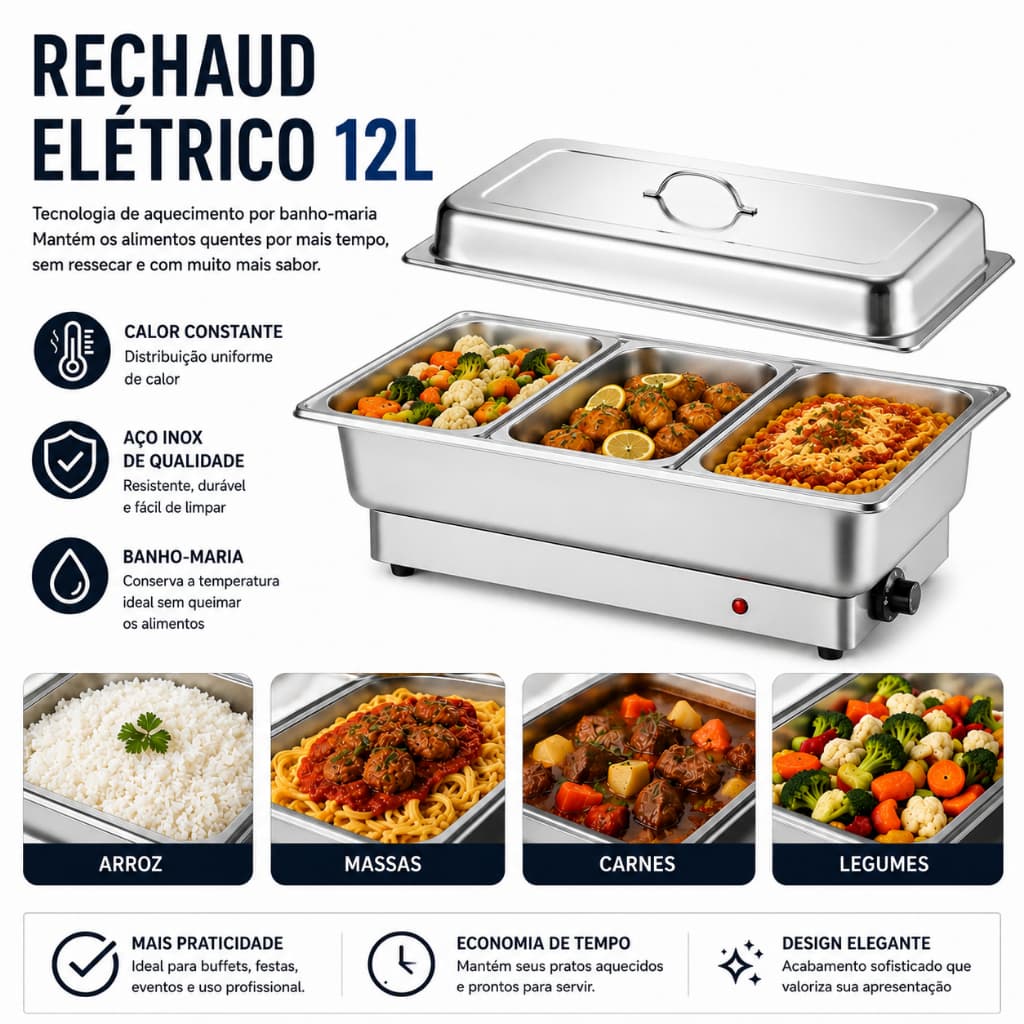 Rechaud Elétrico Profissional Inox 12L 110V com 3 Divisórias para Buffet, Festas e Restaurantes
