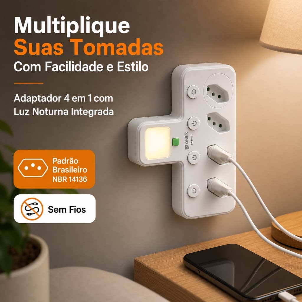 Adaptador de Tomada com 3Tomadas, 2 USB e 1 USB-C - Alta Potência e Segurança