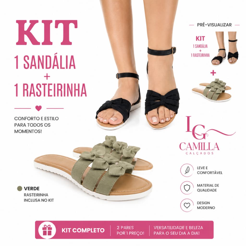 Sandália Feminina antiderrapante Rasteirinha Kit com 2 pares