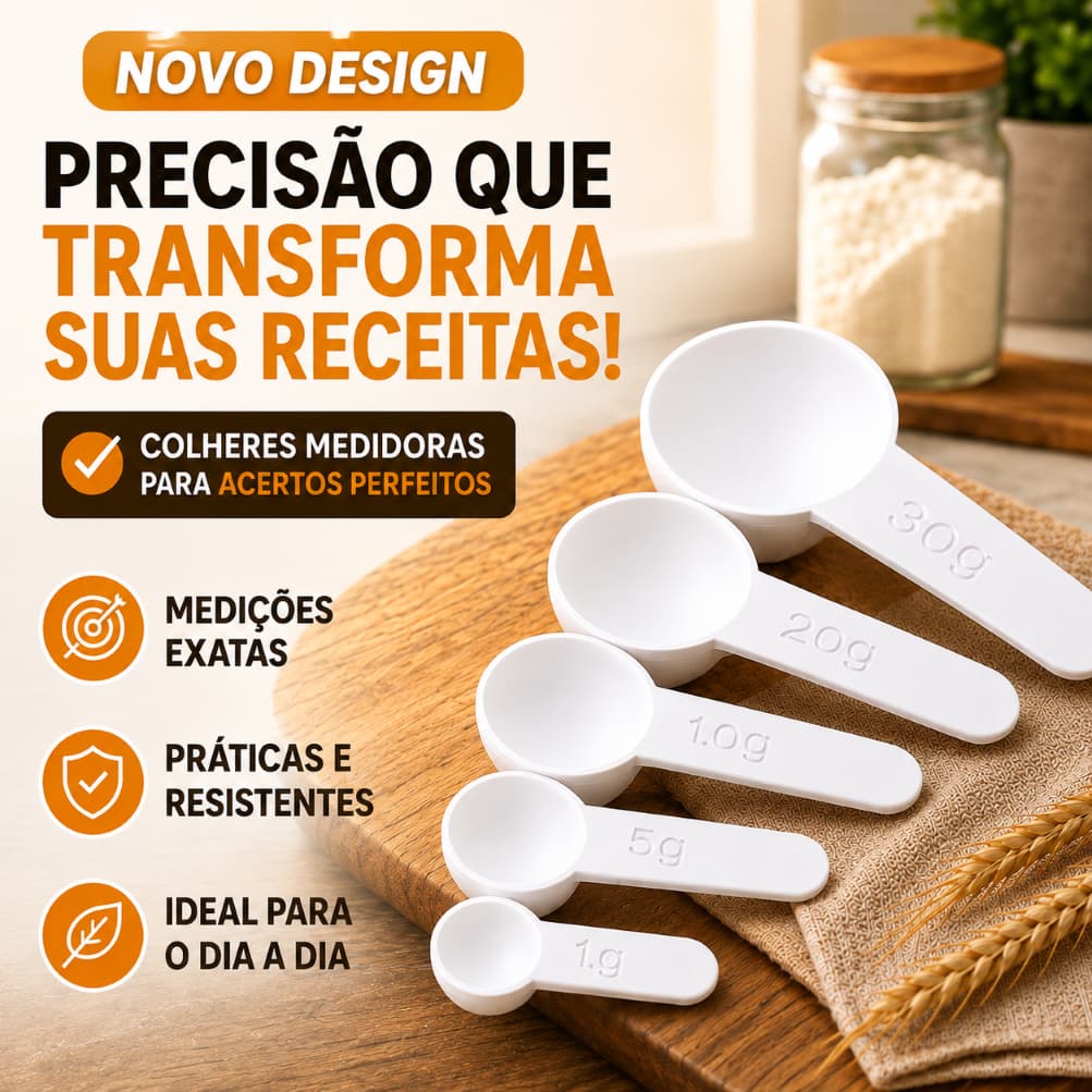 Kit 5 Colheres Medidoras de Precisão 1g a 30g - Ideal para Cozinha, Confeitaria e Suplementos
