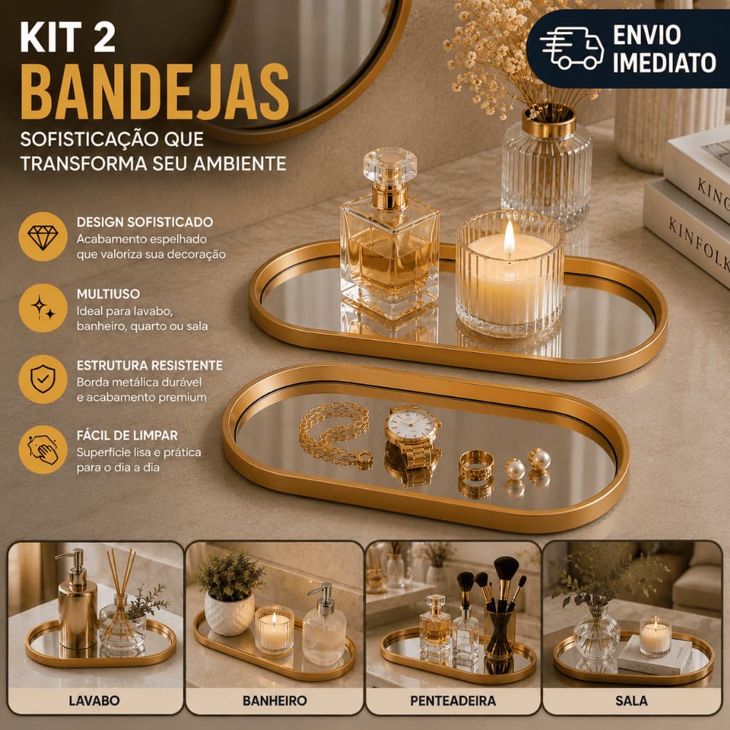 Kit 2 Bandejas Luxo Espelhadas Douradas Organizador para Lavabo Sala Banheiro Porta Perfumes