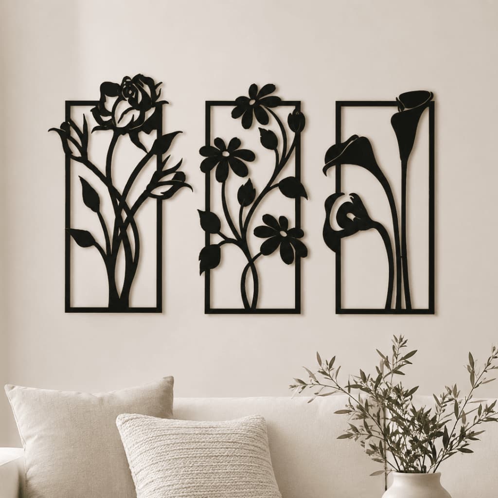 Kit 3 Quadros Decorativos Vazados em MDF Flores e Folhagens 15x45cm