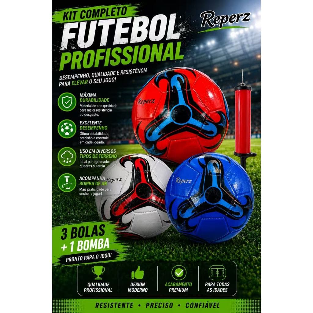 Kit 01 Bomba de Ar Com 03 Unidades Bola De Futebol Campo Capotão Tamanho Padrão Infantil Reperz