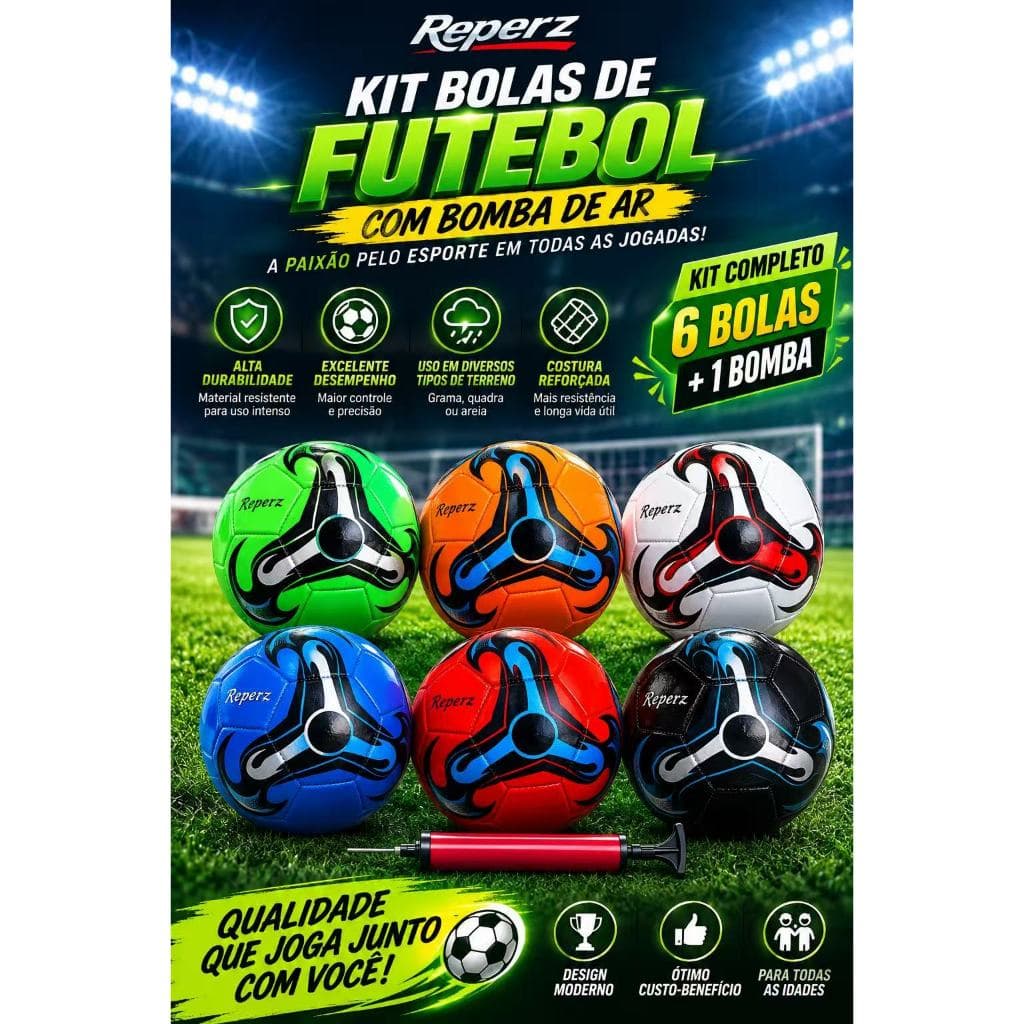 Kit 01 Bomba de Ar Com 06 Unidades Bola De Futebol Campo Capotão Tamanho Padrão Infantil Reperz