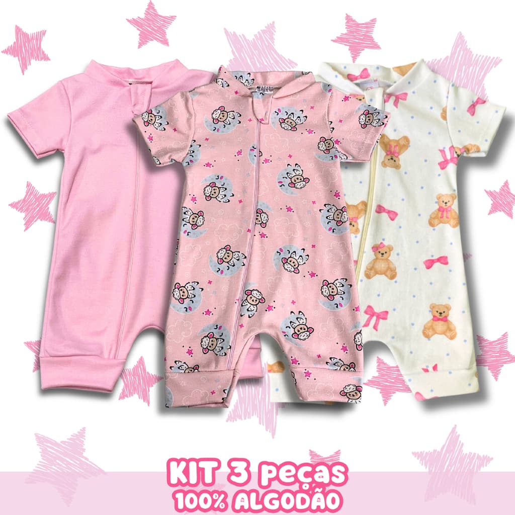 Kit 3 Macacão De Verão Bebe Menina Algodão Passeio Curto