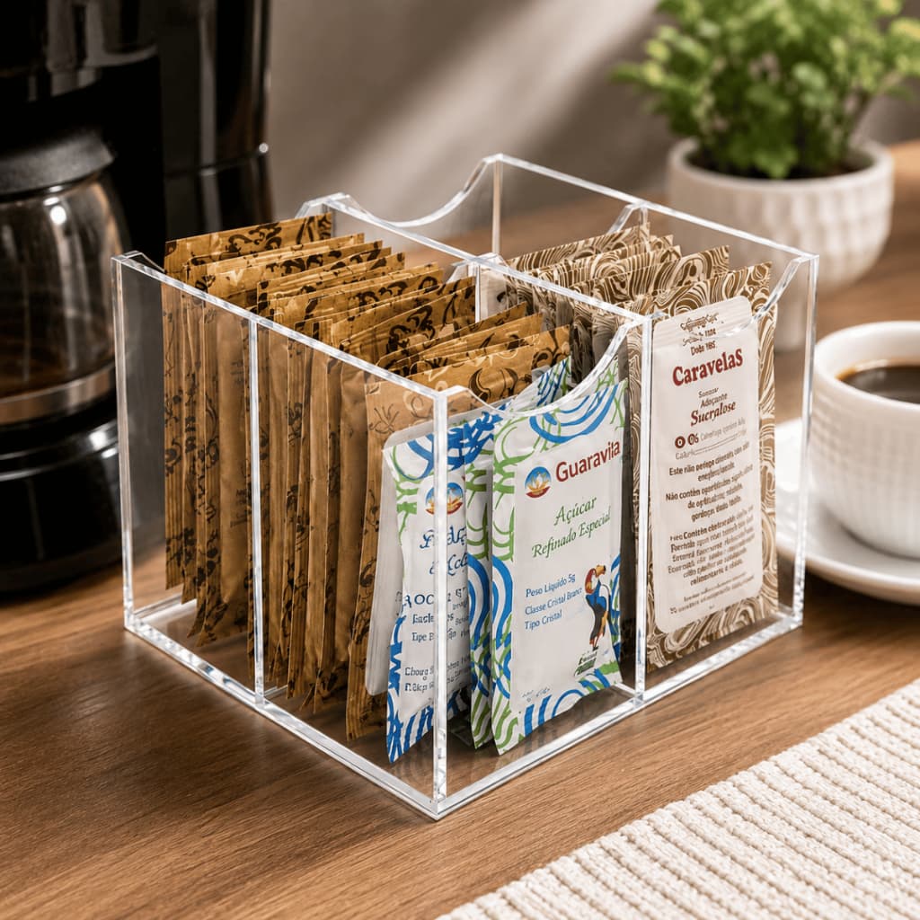 Porta Sachê 4 Nichos Sem Tampa Acrílico Transparente Organizador Sal Açucar Ketchup Maionese