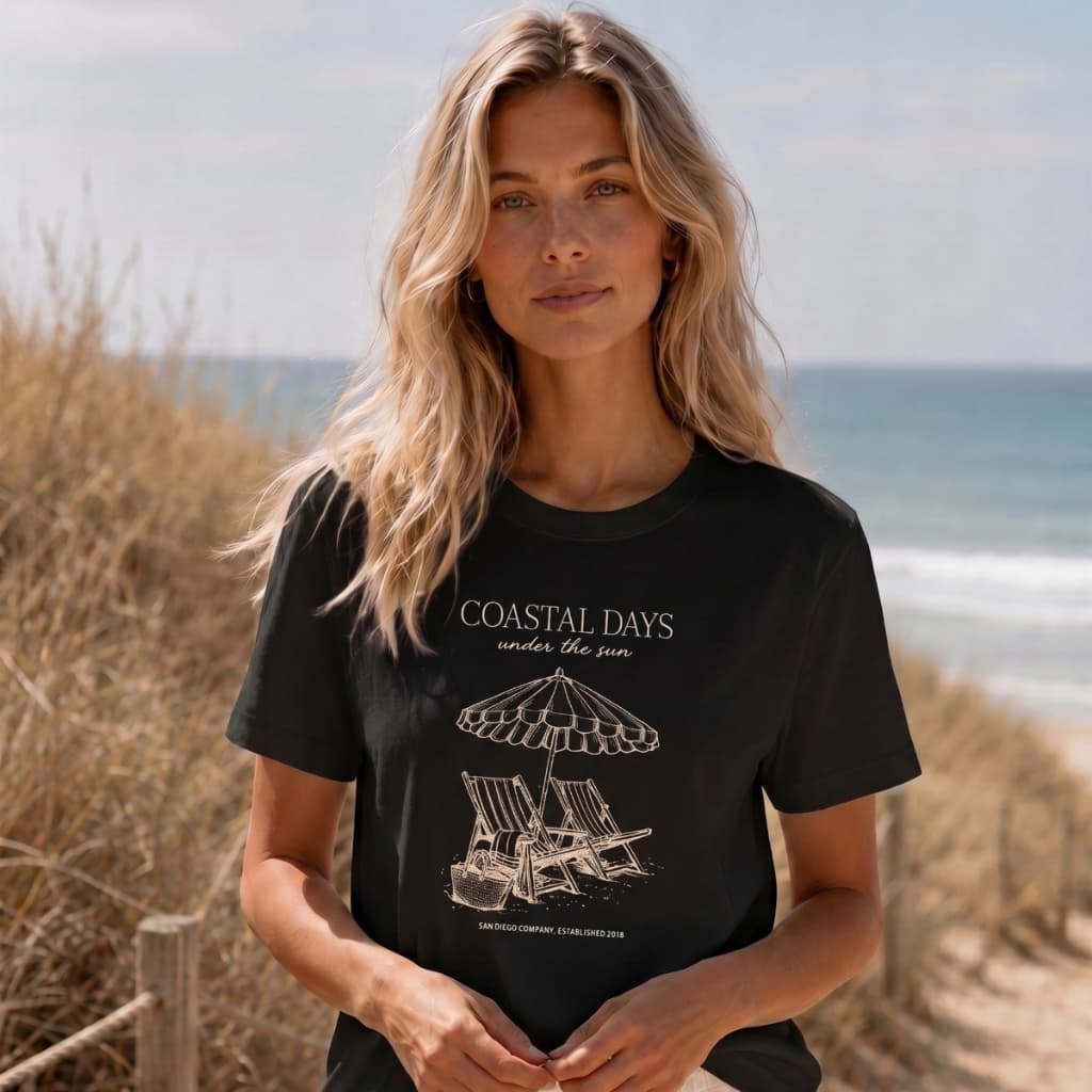 Camisa Feminina Elegante T Shirt Estampa Coastal Praia Verão Guarda Sol Litoral Tendencia Gringa