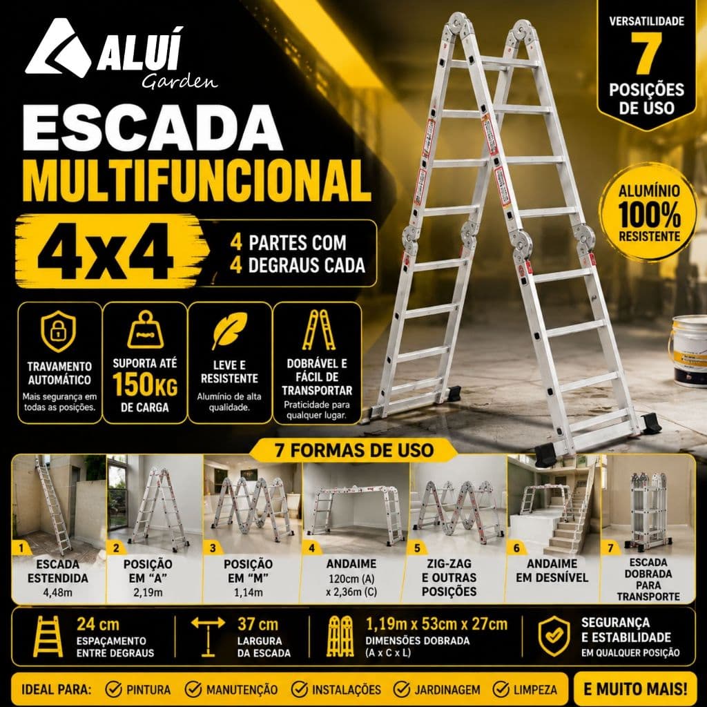 Alui Garden Escada Articulada Multifuncional Aluminio 4x4 16 Degraus 4,48m Dobrável 150Kg Andaime