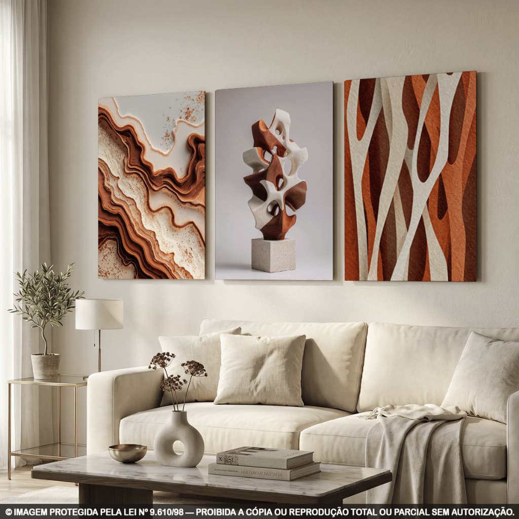 Kit 3 Quadros Decorativos Abstratos Terracota e Bege com Escultura Moderna