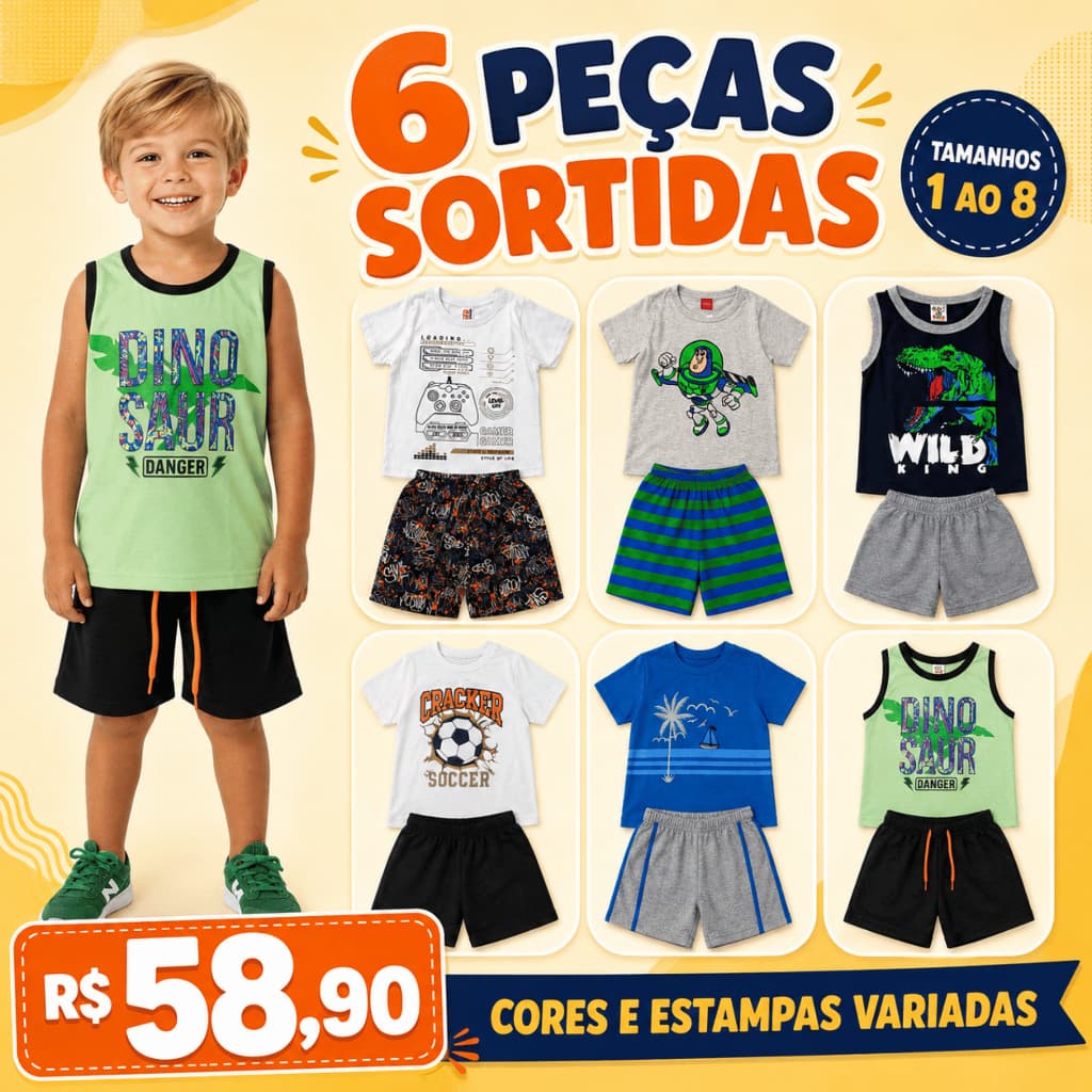 6 Peças Roupa Infantil Masculina Sortida Conjuntos Camiseta Bermuda Verão Escola Menino Passeio Dia a Dia