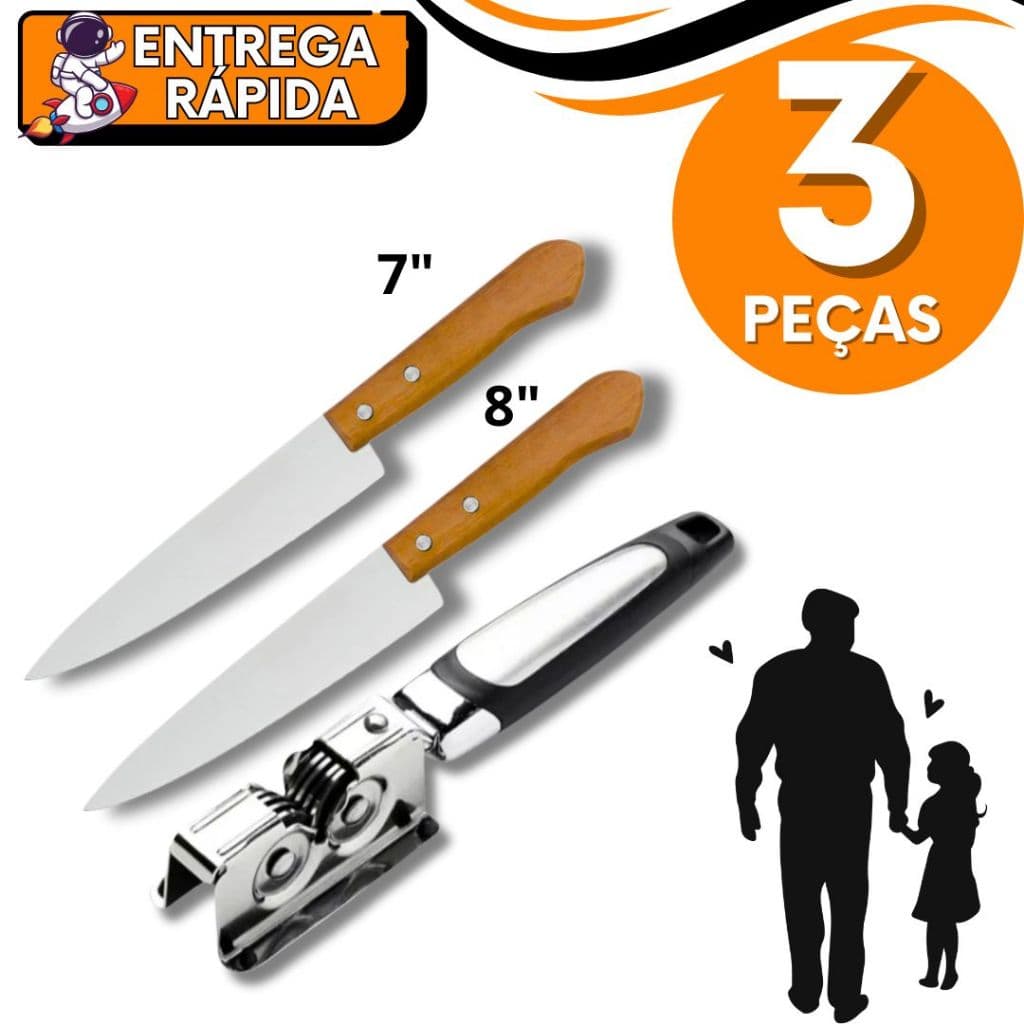 Kit 2 Facas Chef Inox 7″ e 8" Profissional + Amolador – Corte Preciso na Cozinha Carnes Legumes Frango Afiar