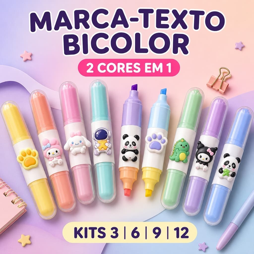 Kit 3/6/9/12 Marca-Texto Bicolor 2 em 1 Kawaii Kuromi Panda Pata Astronauta